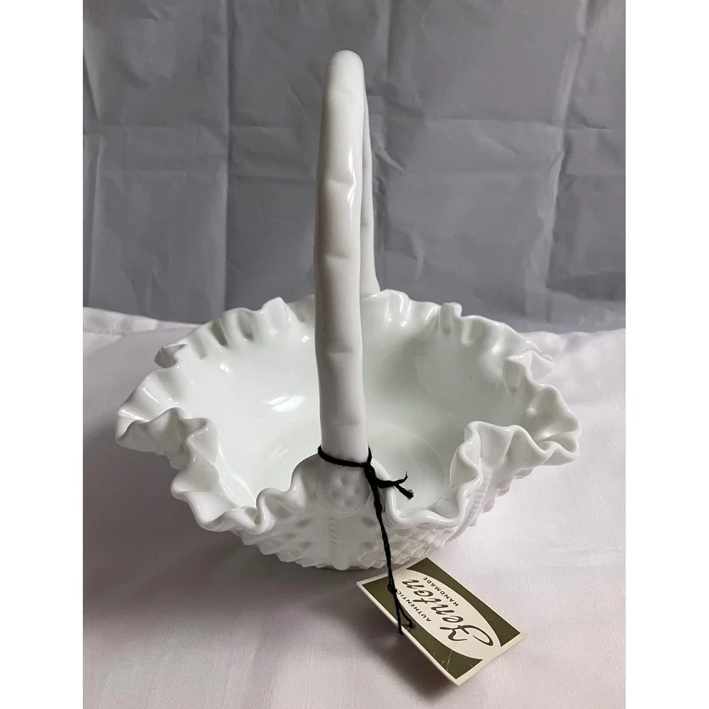 Authentic Mint Condition Vintage Fenton Milk Glass Hobnail Ruffled Basket w/Tags
